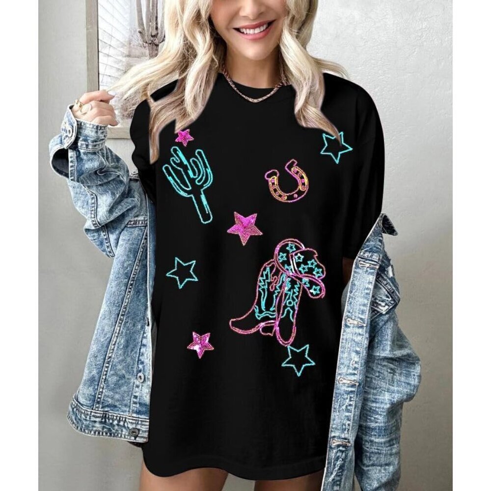 Western Cowgirl Sequin Shirts for Women Oversized Country Music Top - Picture 2 of 3